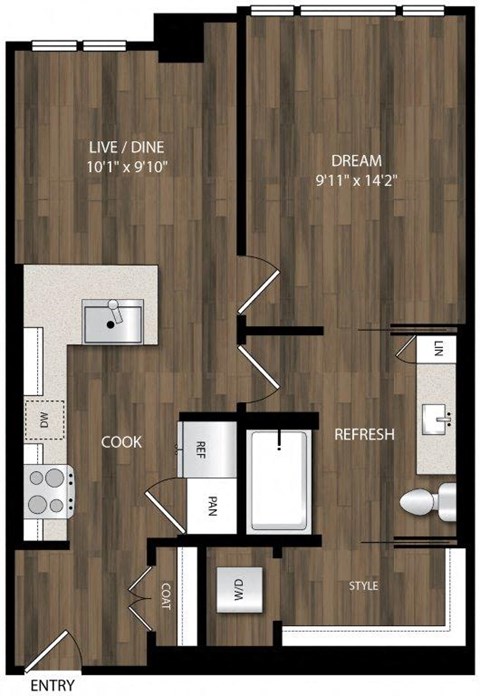 Floor plan for 1 bed, 1 bath, 620 sqft